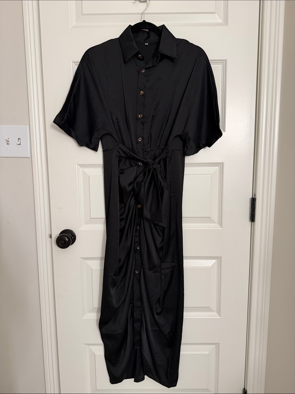 SHEIN Black Button-Front Tie-Waist Midi Shirt Dress